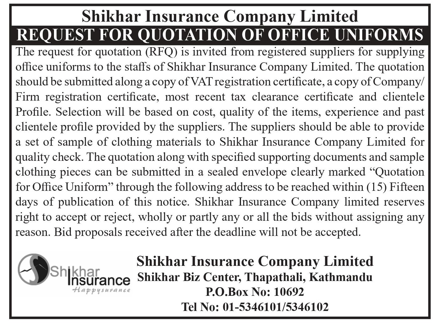 Request for quotation of office uniforms